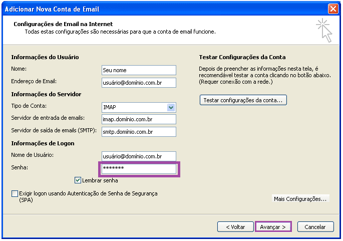 alterar a senha de uma conta no Outlook 2007