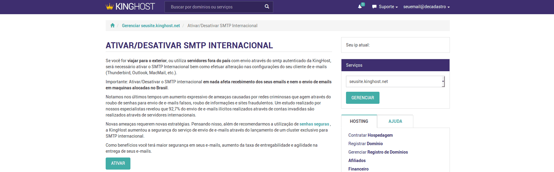 Painel de Controle > SMTP Internacional