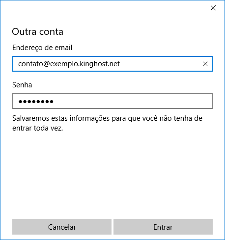 Aqui é exibido uma tela onde o aplicativo de Email do Windows 10 solicita usuário e senha da conta.